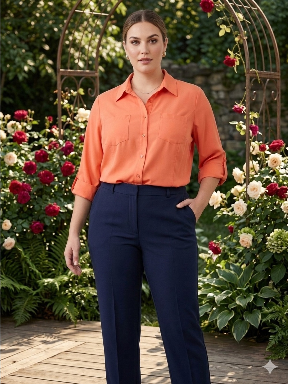 Roaman's Blouse Orange Button-Up Women's Top 3/4 Sleeve Collar Plus Size 24W